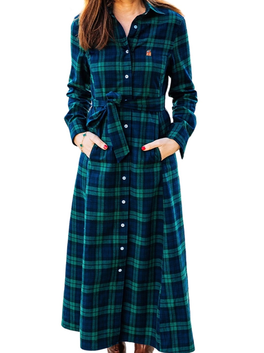 Blue Green Plaid Button-Front Maxi Dress with Belt